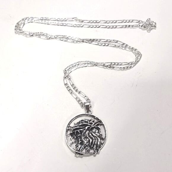 925 Silver Necklace Figaro Jesus Crown of Thorns Christian Catholic Pendant Gift
